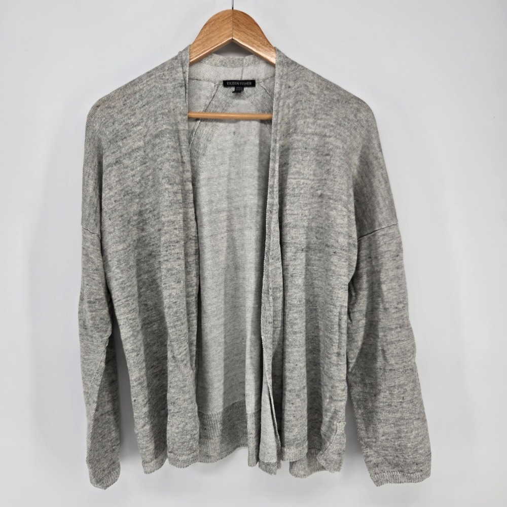 Eileen Fisher Cardigan Womens XL Gray 100% Organic Linen Open Front Knit Sweater